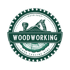 woodworking logo. wood planer, saw blade and wood beam, carpenter symbol, for carpentry or furniture - obrazy, fototapety, plakaty