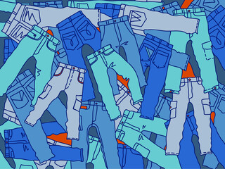 Denim pants background. Vector denim scetch outline illustration isolated for design, print. Stylish denim pants