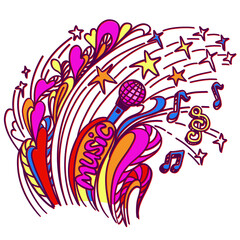 Music doodle color background with microphone and musoc rock decorations isolated on white