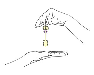 Sketch, hand give keys to house. Concept of real estate Sale, Buy, Offer, Buying house. Black and white doodle, hand drawn image. Editable contour. Vector