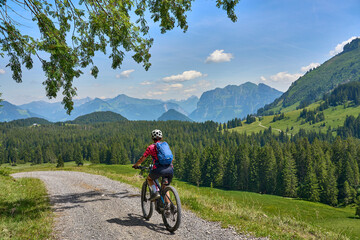Naklejka premium nice, active senior woman underway with her electric mountain bike in the Bregenz Wald near Dornbirn, VorarlbergAlps, Austria 