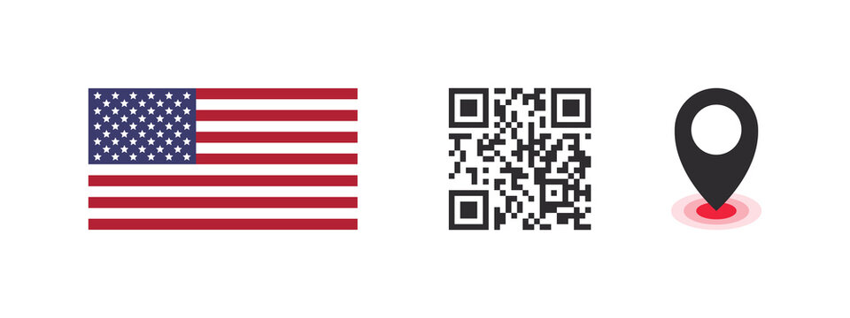 USA flag. Flag of the country, QR code with geolocation of the capital of the country. Vector images
