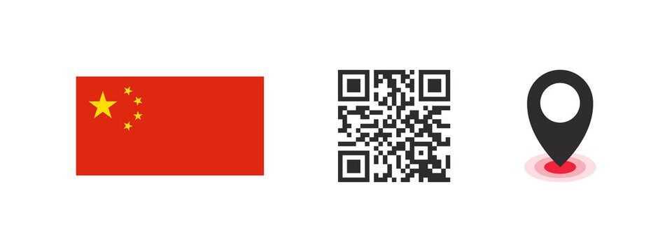 China Flag. Flag Of The Country, QR Code With Geolocation Of The Capital Of The Country. Vector Images