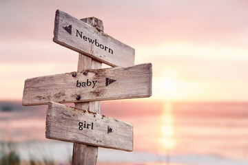 newborn baby girl text quote on wooden crossroad signpost outdoors on beach with pink pastel sunset...