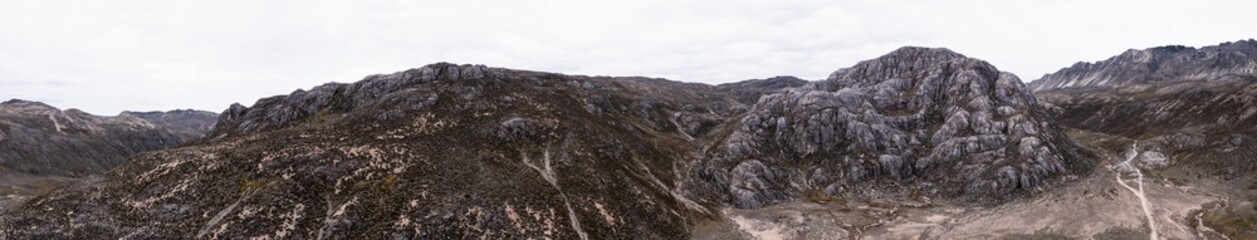 Aerial panoramic view of El Domo located at Mifafi Valley in Merida State, Venezuela. Mifafí  valley is located  in the páramo of  Sierra de La Culata and it is at 4125 meters above sea level.