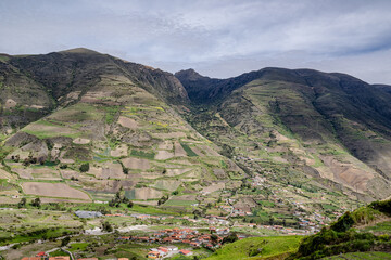 Panoramic aerial view of Mucuchies village on a sunny day. Merida State, Venezuela