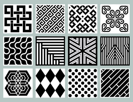Set of elegant vector geometric patterns black and white ceramic tile mosaic graphic elements