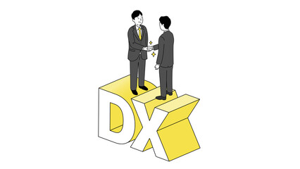 DXの文字の上で握手する経営者のイラスト、ベクター