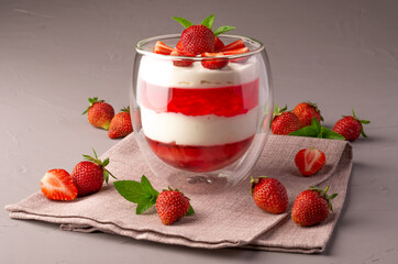 panna cotta dessert with strawberries in a glass bowl