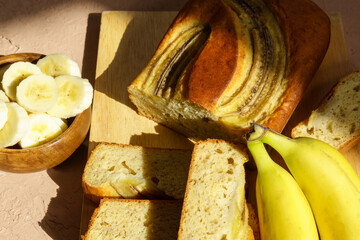 Homemade banana bread. Cake with banana, traditional american cuisine.
