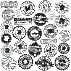 Montpellier France Set of Stamp. Vector Art Postal Passport Travel Design. Travel and Business Seals.