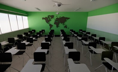 Classroom with map illustration 3d render concept learn template