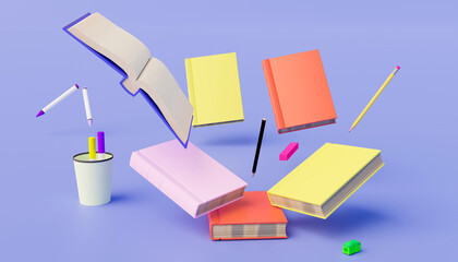 3D rendering illustration, Back to concept with fall and balance accessories and school items