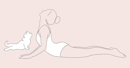 Line art vector illustration of a woman in yoga cobra pose with cat. Yoga with animals hand drawn sketch