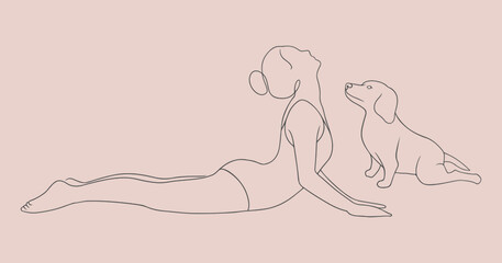 Line art vector illustration of a woman in yoga cobra pose with dog. Yoga with animals hand drawn sketch