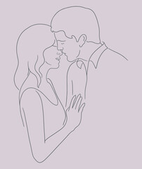 Silhouette of the hugging and kissing couple. Line art vector illustration of happy lovers embracing each other