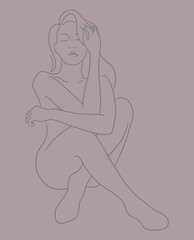 Line art sketch of nude woman sitting with crossed legs. Vector hand drawn illustration of naked woman