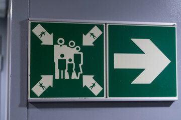 Emergency Exit Sign used on ships, ferries, cruise ships or in large buildings and stadiums.