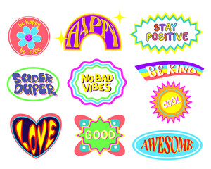 Set of trendy cool y2k hipster stickers. Cartoon label patches with lettering. Vector hipster vaporwave stickers in geometric shapes y2k style