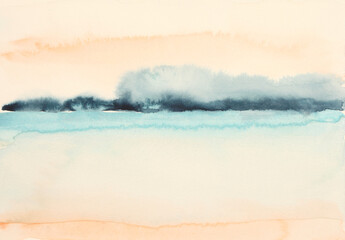 Abstract grain grunge watercolor and acrylic flow blot smear painting. Blue and beige color canvas texture horizontal background.