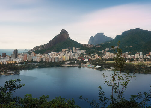 Rodrigo de Freitas Lagoon with Dois Irmaos Hill and Pedra da Gavea - Sacopa Viewpoint at Catacumba Park - Rio de Janeiro, Brazil.