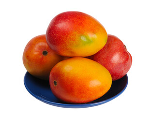 Red ripe sweet juicy delicious mango on a blue plate, isolated on white background
