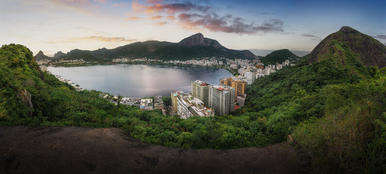 Panoramic View of Rio and Rodrigo de Freitas Lagoon with mountains - Urubu Viewpoint at Catacumba Park - Rio de Janeiro, Brazil
