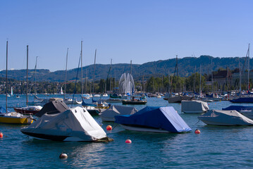 Fototapeta na wymiar Scenic landscape with moored sailing boats at lakeshore of Lake Zürich at City of Zürich on a sunny summer day. Photo taken June 11th, 2022, Zurich, Switzerland.