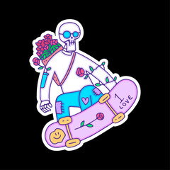 Cool skull wearing sunglasses with bucket flowers riding skateboard, illustration for t-shirt, sticker, or apparel merchandise. With doodle, retro, and cartoon style.