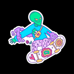 Hype alien character freestyle with skateboard, illustration for t-shirt, sticker, or apparel merchandise. With modern pop art doodle.