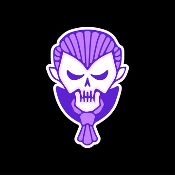 recommend clip art: Dracula skull head, illustration for t-shirt, sticker, or apparel merchandise. With doodle, retro, and cartoon style.