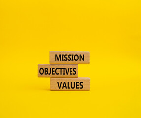 Mission Objectives Values symbol. Concept words Mission Objectives Values on wooden blocks. Beautiful yellow background. Business and Mission Objectives Values concept. Copy space