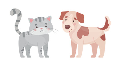 Cute cat and dog. Vector illustration in flat style, isolated on white background. Gray striped kitten and spotted puppy. cartoon kids characters