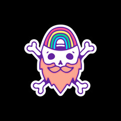 Bearded skull with rainbow and crossed bone, illustration for t-shirt, sticker, or apparel merchandise. With doodle, retro, and cartoon style.
