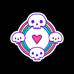 Connected skull head with rainbow, illustration for t-shirt, sticker, or apparel merchandise. With doodle, retro, and cartoon style.