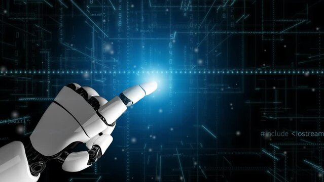 Futuristic robot artificial intelligence revolutionary AI technology development and machine learning concept. Global robotic bionic science research for future of human life. 3D rendering graphic.