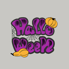 Halloween purple lettering in cartoon style with pumpkins on grey background 