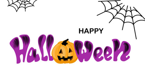 Happy Halloween horizontal greeting banner with hand written 