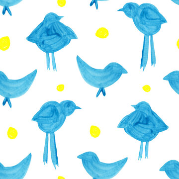 Seamless pattern in yellow blue colors, meaning the independence of Ukraine and its flag. Blue stylized birds - as a symbol of faith and freedom, as an expectation of the end of the war in Ukraine.