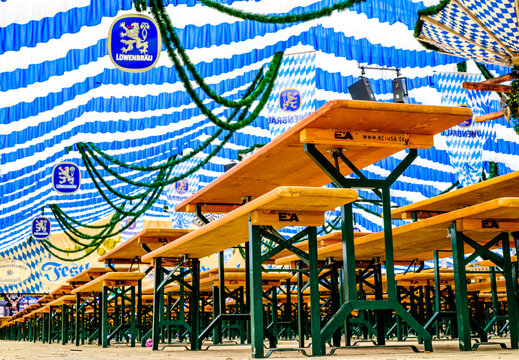 Weilheim, Germany - June 4: typical "L&ouml;wenbr&auml;u" decoration at a bavarian beertent in Weilheim on June 4, 2022