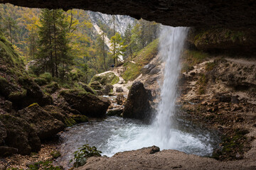 Fototapeta na wymiar Pericnik Falls from Under the Alpine Waterfall in Slovenian Triglav National Park