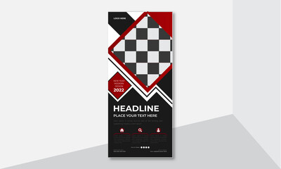 Business Roll-up banner, Corporate promotional stand roll-up  layout, pull-up standee abstract geometric banner 
