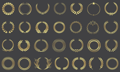 Set of golden vector laurel wreaths on black background. Vector illustration