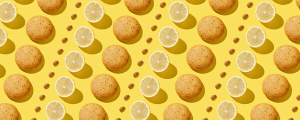 Lemon protein Cookies with almond in pattern on the yellow background. No sugar. Top view. Healthy...