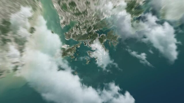 Zooming on Hong Kong, China. Earth zoom in from outer space to city. The animation continues by zoom out through clouds and atmosphere into space. View of the Earth at night. Images from NASA. 4K