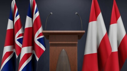 Flags of United Kingdom and Austria at international meeting or negotiations press conference. Podium speaker tribune with flags and coat arms. 3d rendering