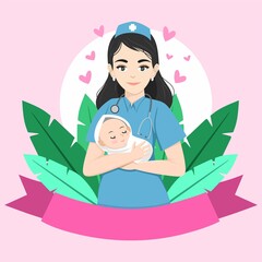 Vector illustration of a midwife holding a baby in her arms. International Midwife Day.