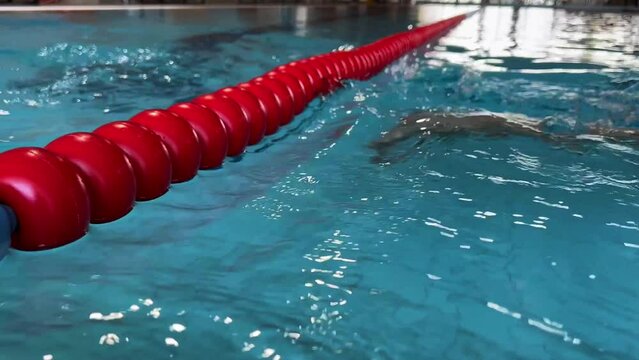 closeup of little kid going underwater near a red plastic pool divider of race track lanes in swimming pool