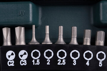 Macro detail of a set of allen screwdriver bits