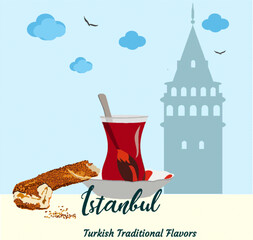 istanbul silhouette. Traditional Turkish steamboat. Seagulls - Turkish Traditional Flavors bagel simit. carton vector illustration in flat style. Turkish Sesame Bagel and tea. Galata Tower
